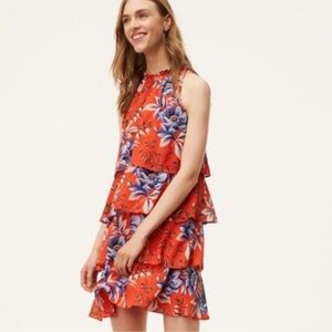 LOFT Orange Ruffled Tiered Mini Sundress